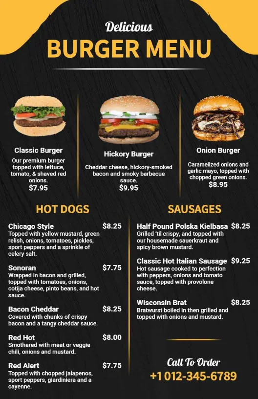 Chic Black and Yellow Theme Burger Menu Template