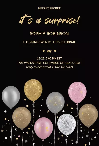 Chic Black Gold Balloon Surprise Birthday Party Invitation Template