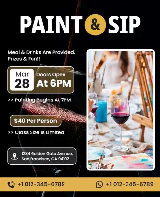 Chic Black Paint and Sip Event Invitation Poster Template