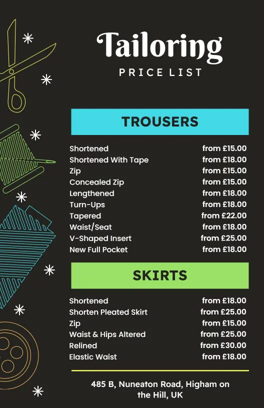 Chic Black Textile Pattern Tailoring Price List Template