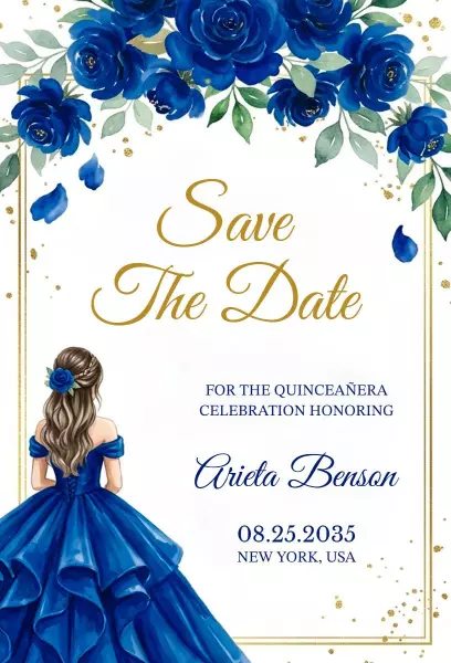Chic Blue Floral Quinceañera Save The Date Invitation Template