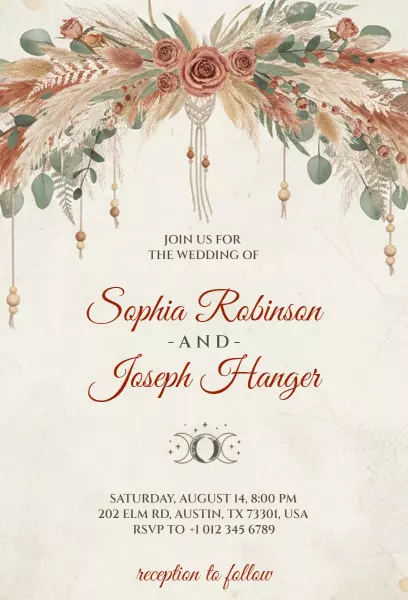 Chic Boho Floral Wedding Ceremony Celebration Invitation Template