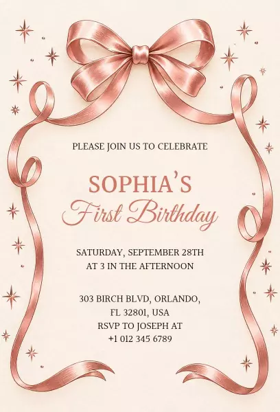 Chic Bow Pink First Birthday Celebration Invitation Template
