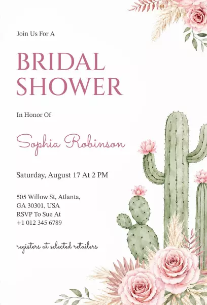 Chic Cactus Floral Bridal Shower Celebration Invitation Template