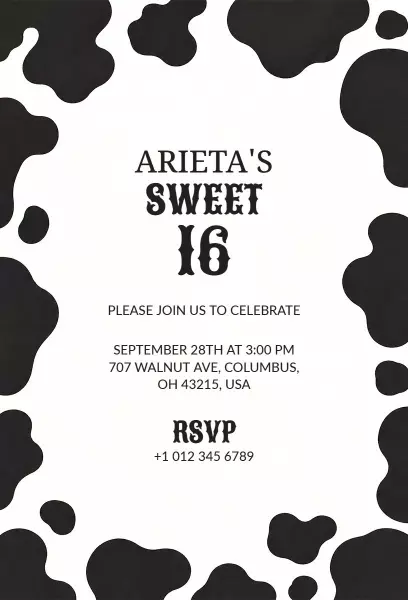 Chic Cow Print Sweet 16 Birthday Celebration Invitation Template
