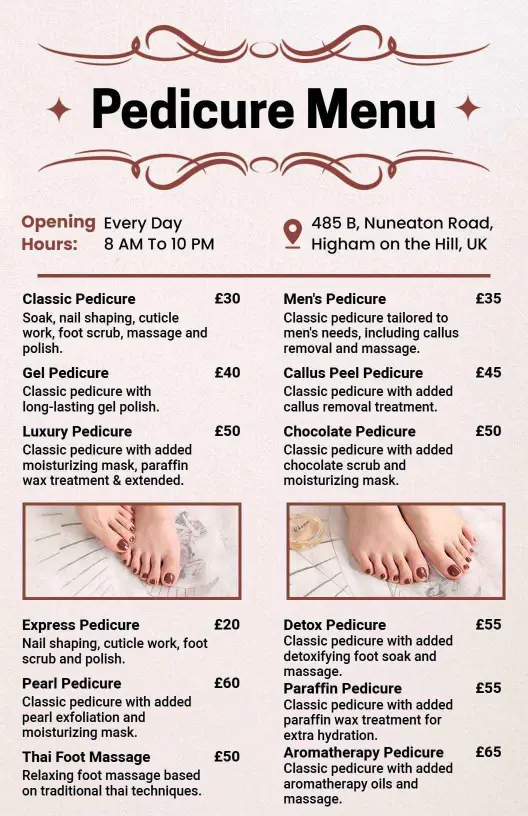 Chic Cream Pedicure Treatment List Menu Template