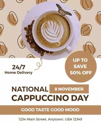 Chic Creamy Coffee Themed National Cappuccino Day Poster Template