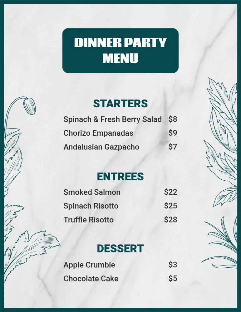 Chic Dinner Party Starters and Entrees Menu Template