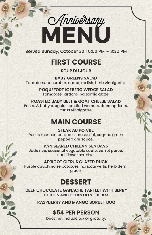 Chic Floral Motif Anniversary Dinner Event Menu Template