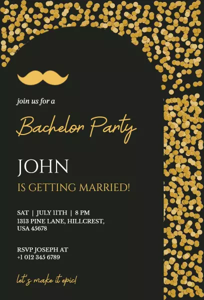Chic Gold Mustache Black Bachelor Party Invitation Template