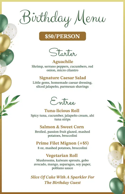 Chic Green and Gold Balloon Birthday Dinner Menu Template