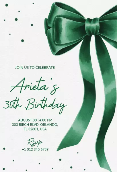 Chic Green Bow Elegant Birthday Celebration Invitation Template
