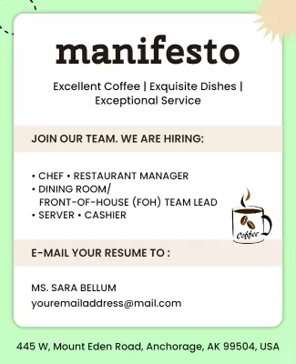 Chic Green Coffee Shop Hiring Announcement Poster Template