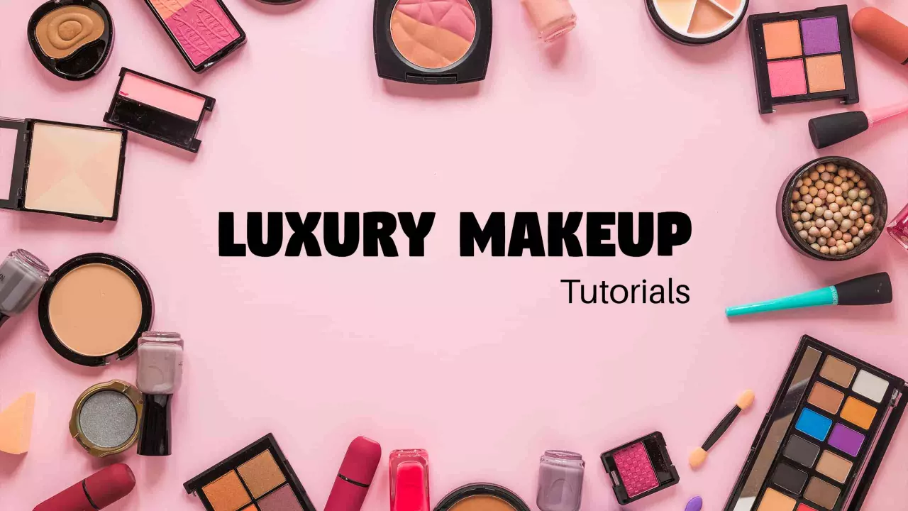 Chic Luxury Makeup Products on Soft Pink Background YouTube Banner Template