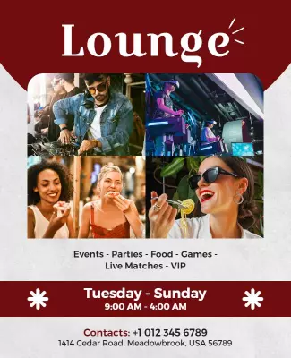 Chic Maroon Lounge Events Food and Games Poster Template