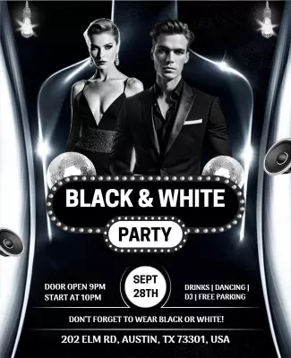 Chic Monochrome Black and White Party Invitation Poster Template