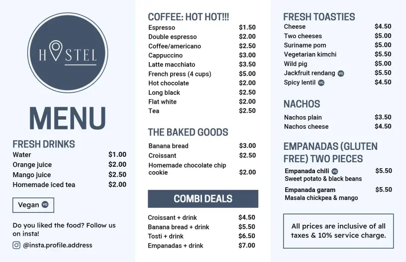 Chic Monochrome Hostel Coffee and Snacks Menu Template