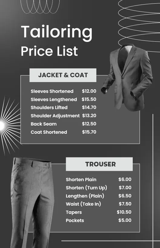 Chic Monochrome Tailored Clothing Price List Template