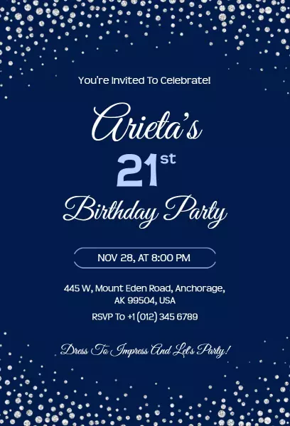 Chic Navy Blue 21st Birthday Celebration Invitation Template