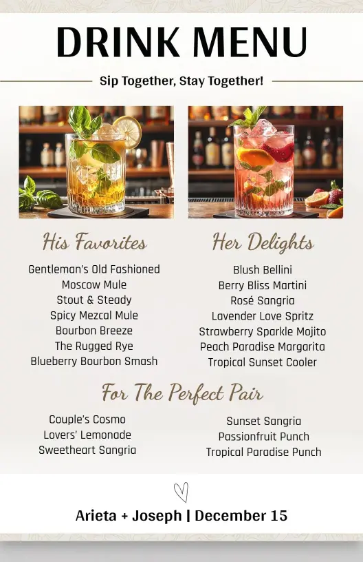 Chic Neutral Toned Wedding Reception Drink Menu Template