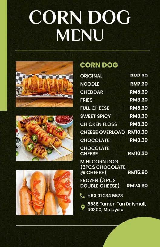 Chic Olive Toned Corn Dog Culinary Menu Template