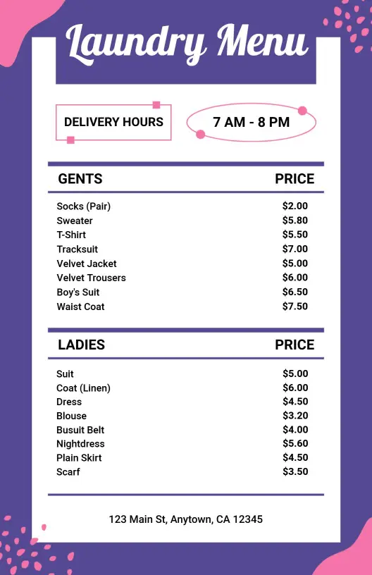 Chic Pink and Purple Laundry Pricing Menu Template