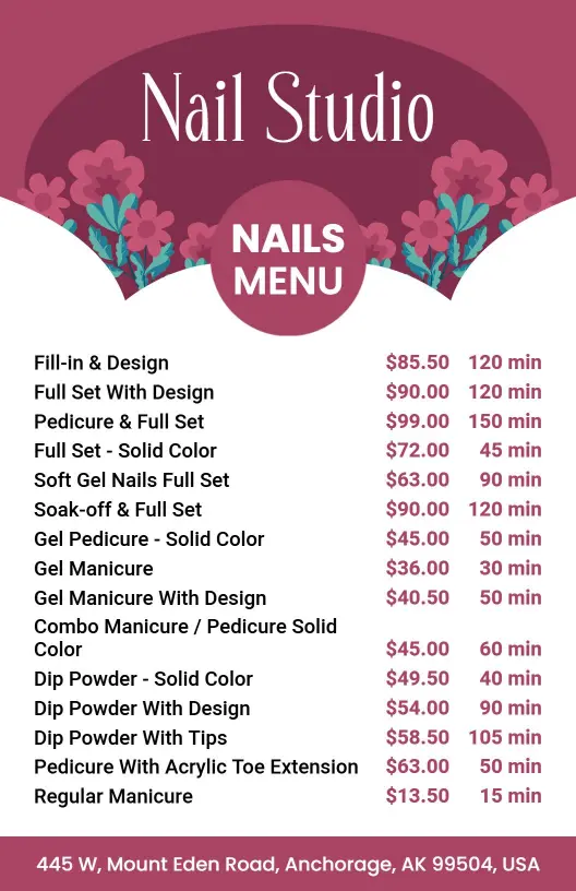 Chic Pink Floral Nail Salon Services List Menu Template