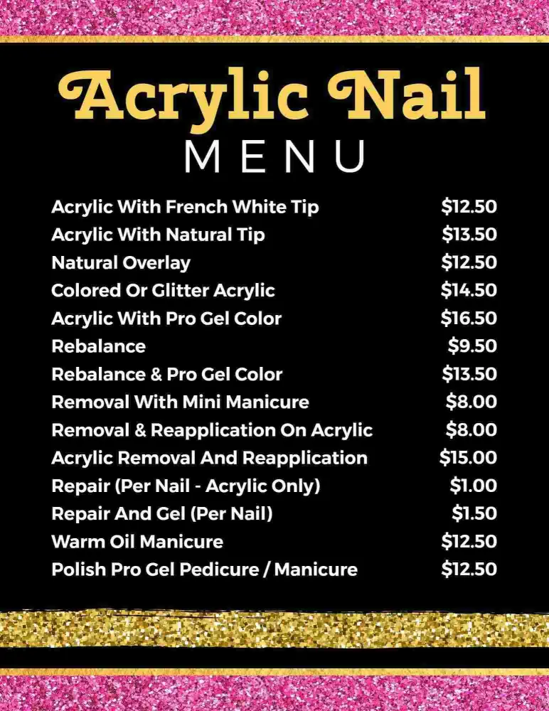 Chic Pink Glitter and Black Acrylic Nail Offers Menu Template