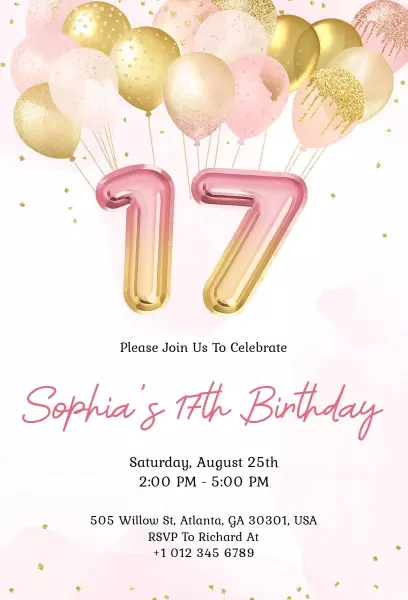 Chic Pink Gold Balloon Themed Birthday Celebration Invitation Template