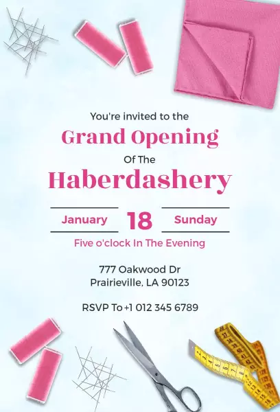 Chic Pink Haberdashery Grand Opening Celebration Invitation Template