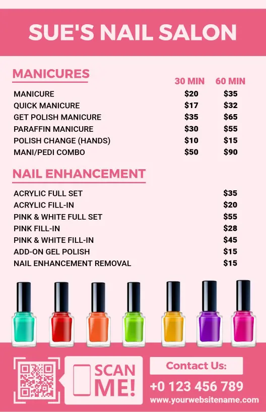Chic Pink Nail Salon Service Offerings Menu Template