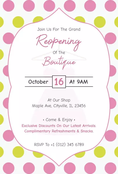Chic Polka Dot Boutique Grand Opening Invitation Template