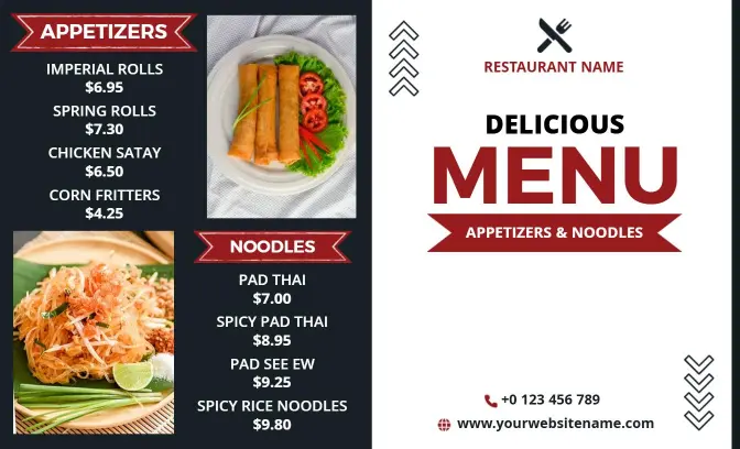 Chic Red Accented Noodles and Appetizers Bi-Fold Menu Template