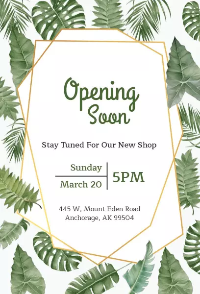Chic Tropical Greenery Grand Opening Celebration Invitation Template