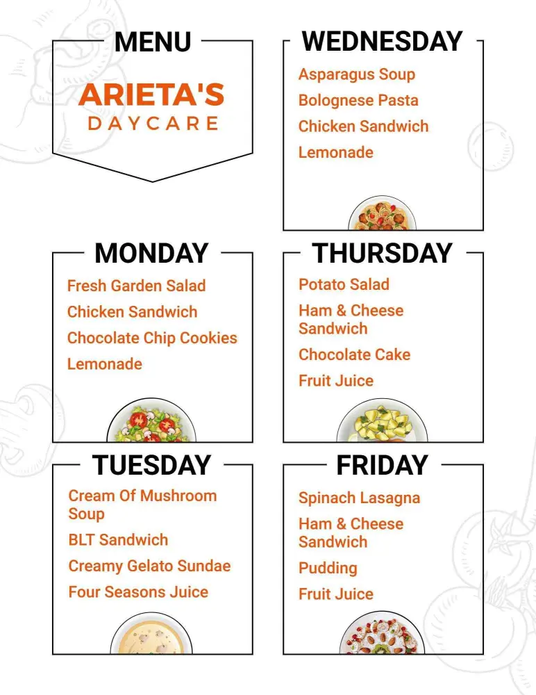 Chic White Daycare Weekly Meal Plan Menu Template
