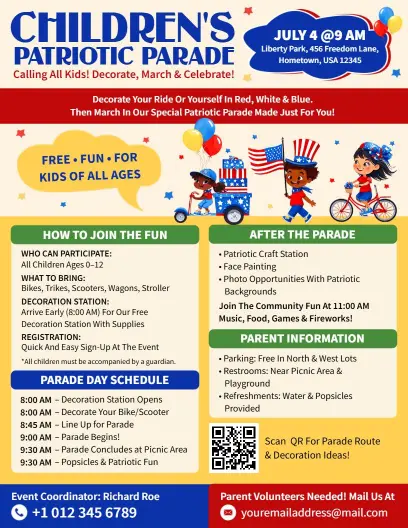 Children's Patriotic Parade Announcement Flyer Template