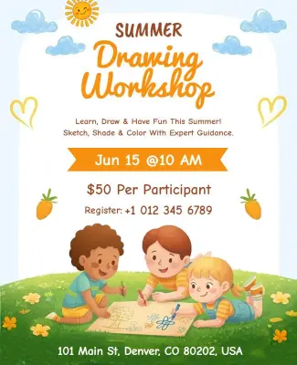 Childrens Summer Drawing Workshop Poster Template