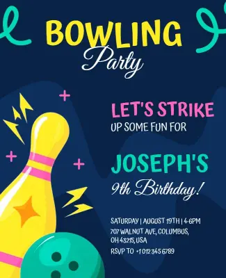 Child's 9th Birthday Bowling Party Invitation Flyer Template