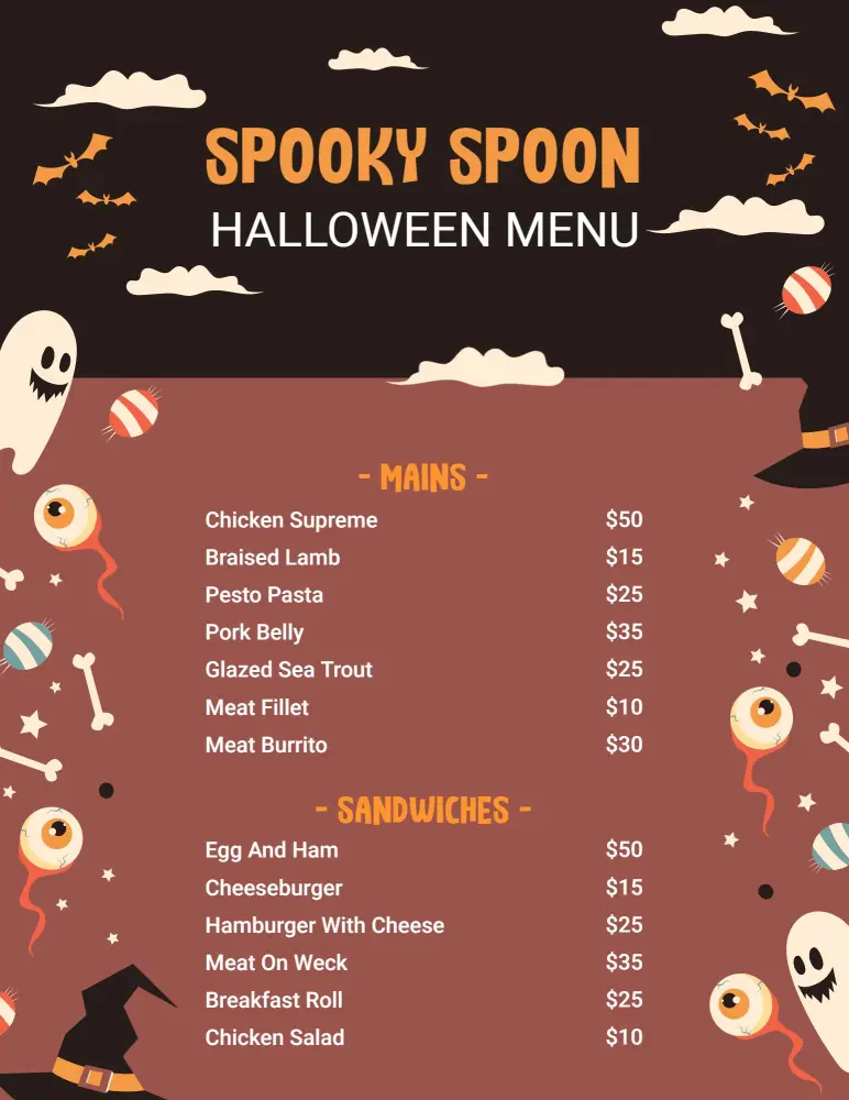 Chilling Halloween Bites with Mains and Sandwich Options Menu Template