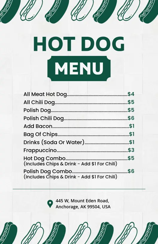 Chips and Beverages with Hot Dogs Menu Template
