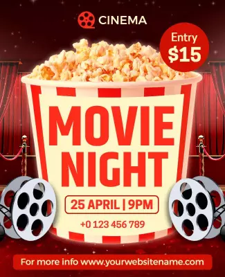 Festive Red Popcorn Movie Night Cinema Flyer Template