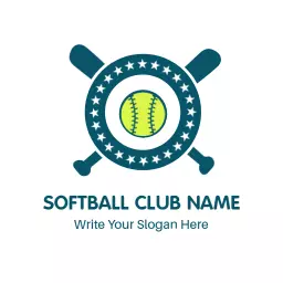 Circular Blue and White Softball Design with Bats Logo Template