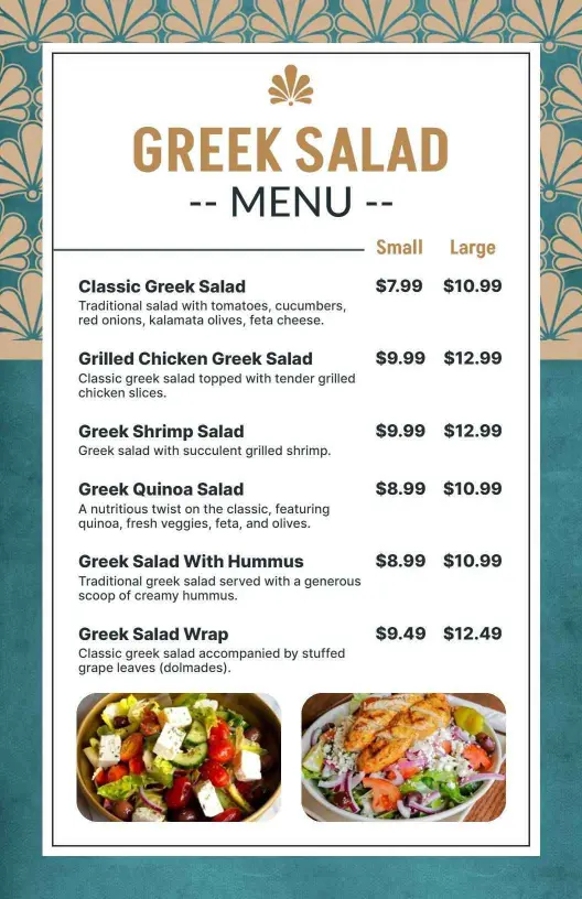 Classic and Grilled Greek Salad Options with Fresh Ingredients Menu Template