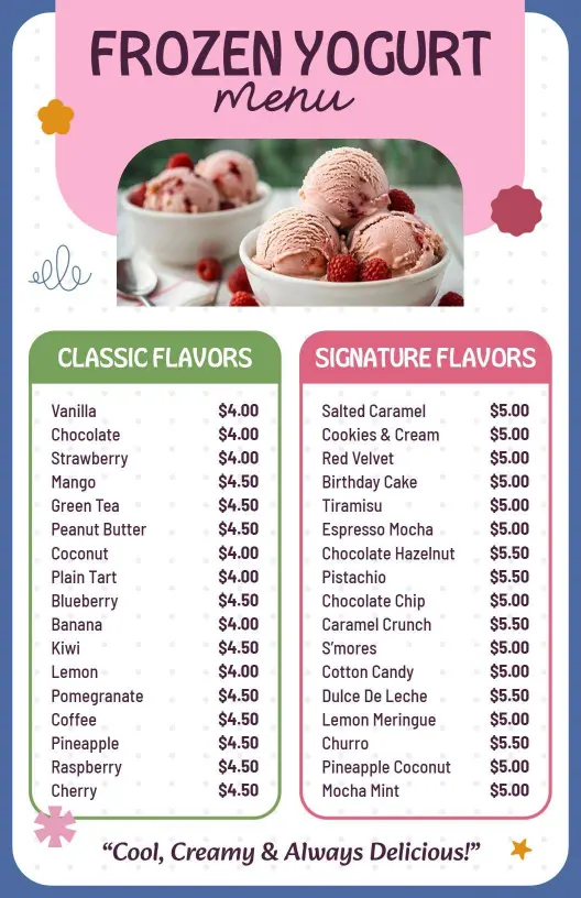 Classic and Signature Frozen Yogurt Flavors Selection Menu Template