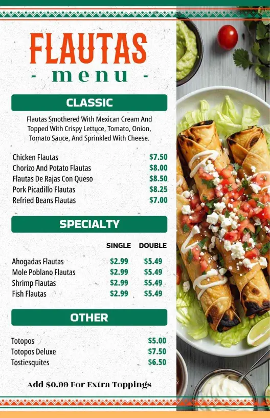 Classic Authentic Tasteful Mexican Flautas Dish Menu Template