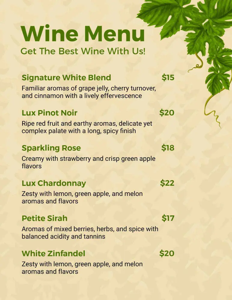 Classic Beige and Green Textured Wine Selection Menu Template
