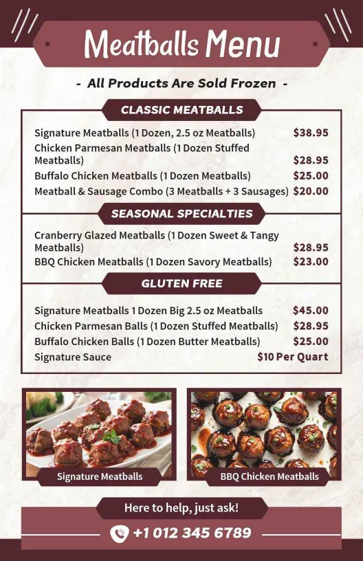 Classic Beige and Maroon Signature Meatball Selections Menu Template