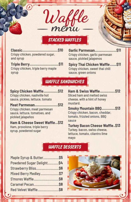Classic Berry Rustic Waffle Delights Menu Template