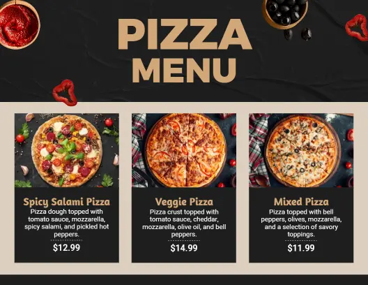 Classic Black and Beige Themed Pizzeria Menu Template