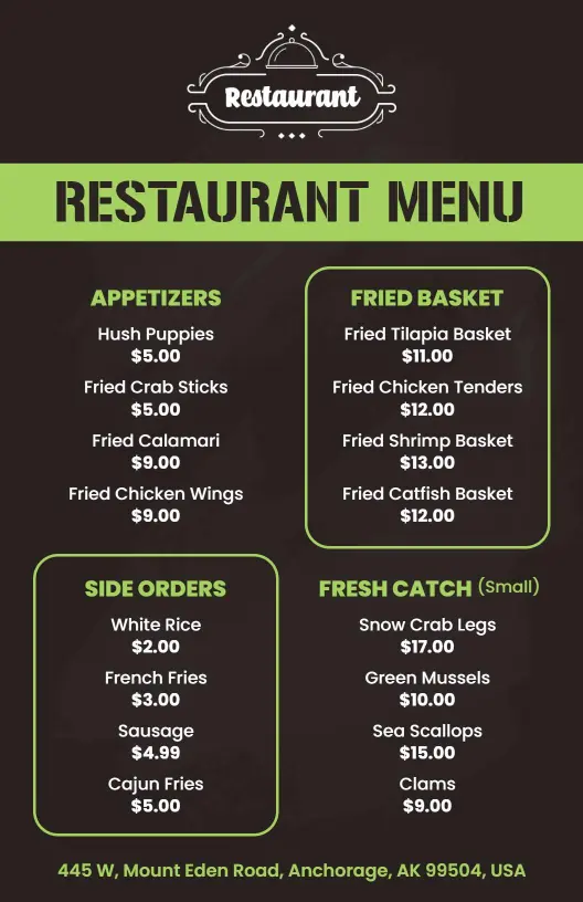Classic Black and Lime Green Restaurant Dining Menu Template